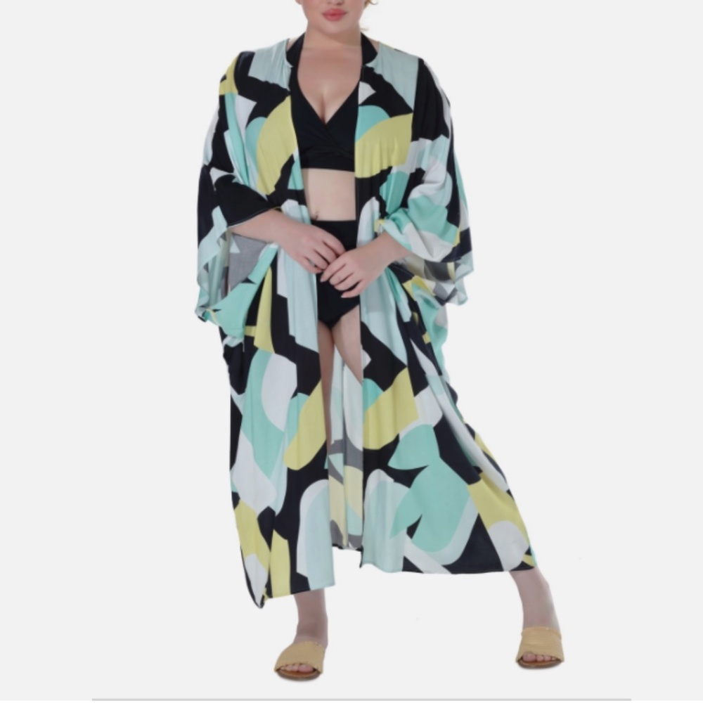 Raviya Plus Size Printed Open-Front Kimono Cover-up - Yellow Abstract ,OX NWT